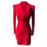 Asymmetric Draped Satin Panel Side Button Tailored Blazer - Red